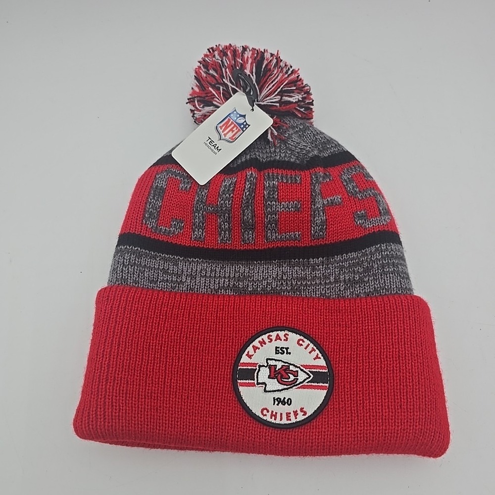Kansas City Chiefs Hat Cap Men One Size Red Grey Knit Toboggan Pom Pom NFL